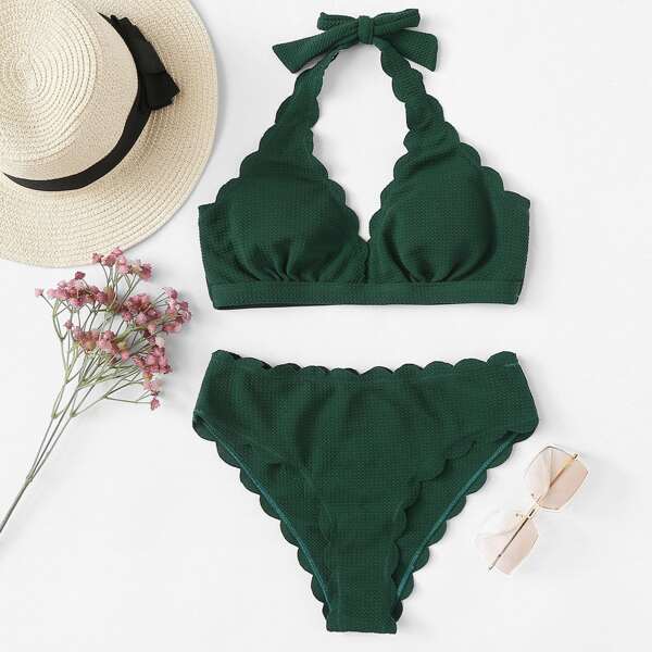 

Scalloped Trim Triangle Halter Bikini Set