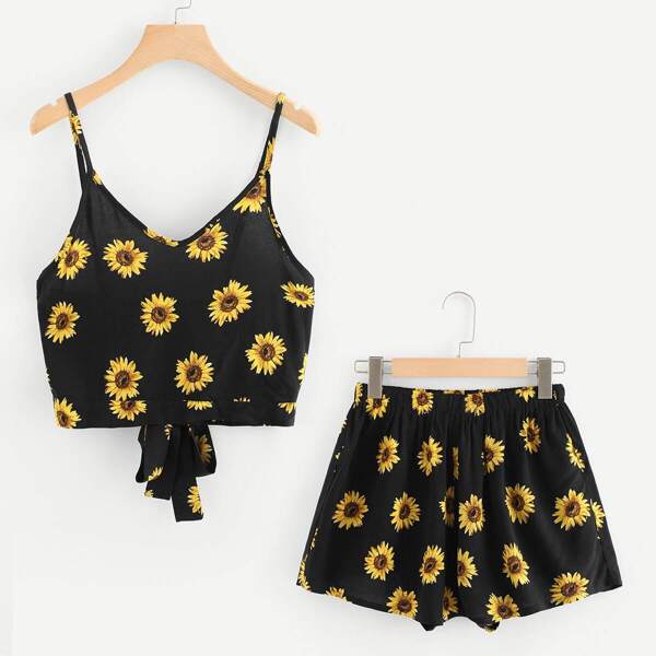 

Tie Back Sunflower Print Cami Top With Shorts, Black