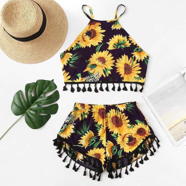 

Floral Print Fringe Hem Cami With Shorts