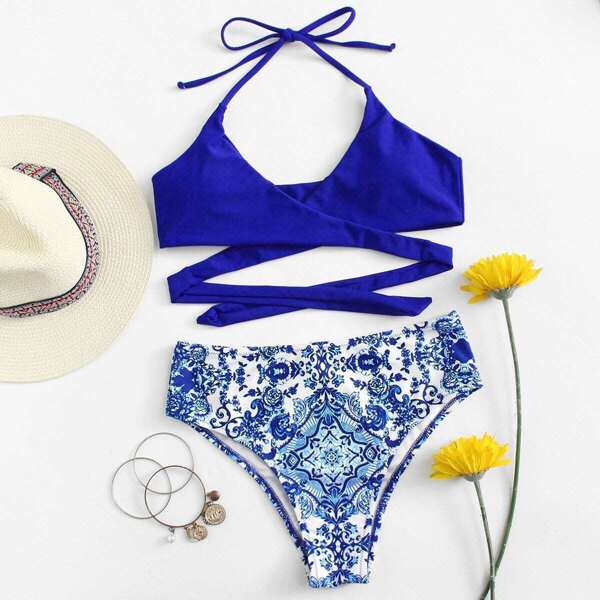 

Plus Wrap Halter Top With Porcelain Bikini, Blue
