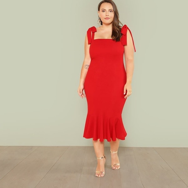 

Plus Self Tie Shoulder Ruffle Hem Dress