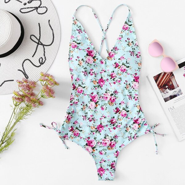 

Plus Floral Criss Cross Backless One Piece Swimsuit, Multicolor