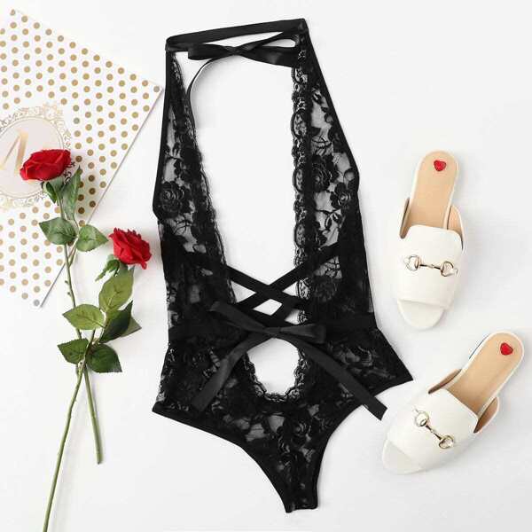 Lace-Up Plunging Teddy Bodysuit, Black