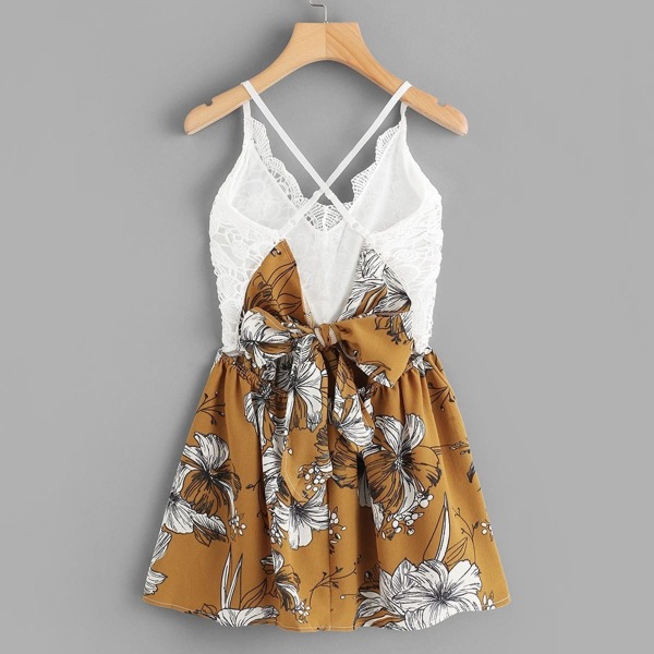 

Floral Print Contrast Lace Cami Dress, Multicolor