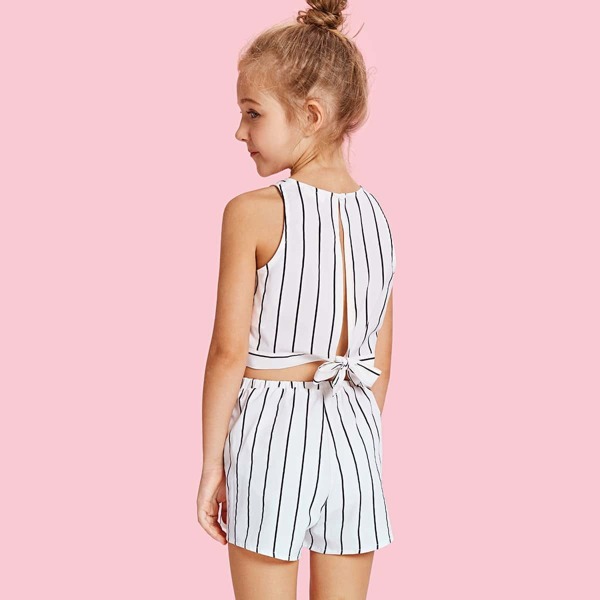 

Girls Slit Knot Back Stripe Shell Top & Shorts Set, White