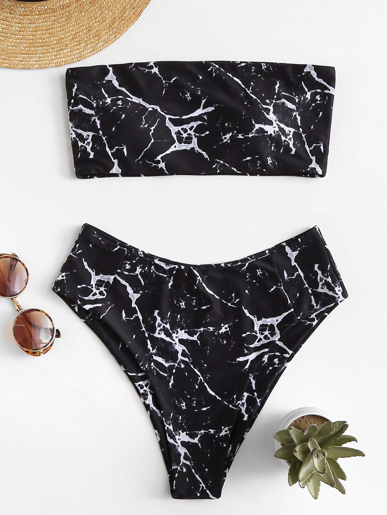 marble print bandeau bikini set