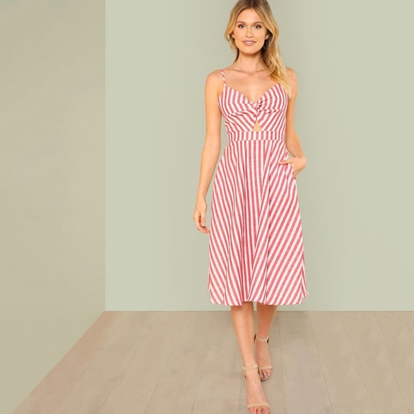

Twist Peekaboo Knot Back Striped Cami Dress, Pink