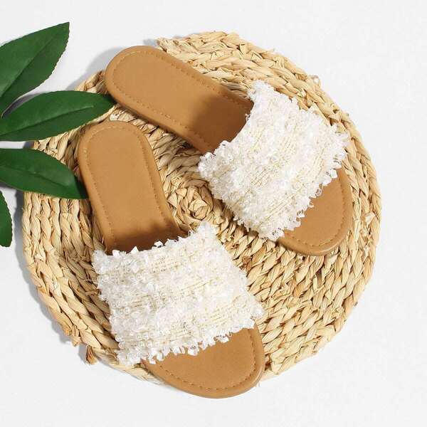

Faux Pearl Detail Flat Sandals, White