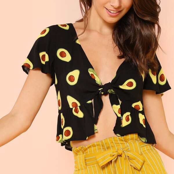 

Avocado Print Front Tie Blouse, Black