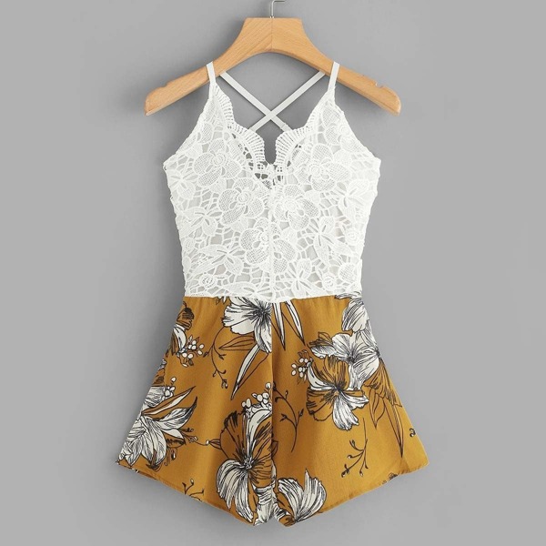 

Crochet Lace Panel Bow Back Floral Romper, Multicolor