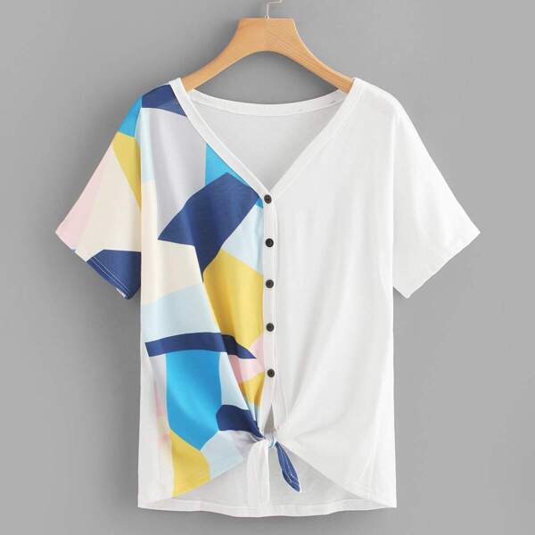 

Contrast Striped Button Through Tee, Multicolor
