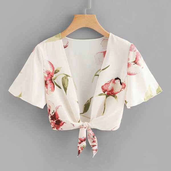 

Floral Print Knot Hem Plunge Top