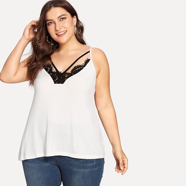 

Plus Lace Panel Cami Top, White
