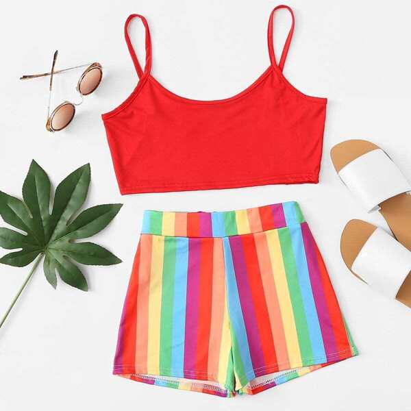 

Crop Cami Top With Rainbow Striped Shorts