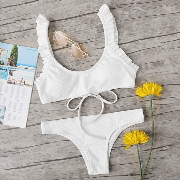 

Tie Back Ruffle Top With Ribbed Bikini Set, White