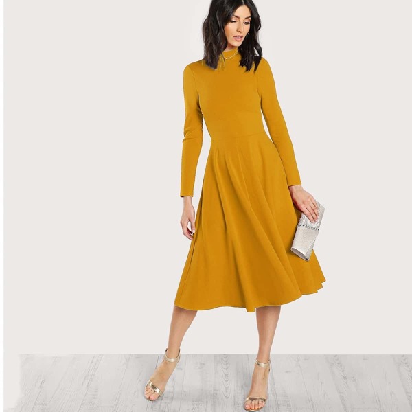 

Mock Neck Button Keyhole Back Flare Dress, Yellow