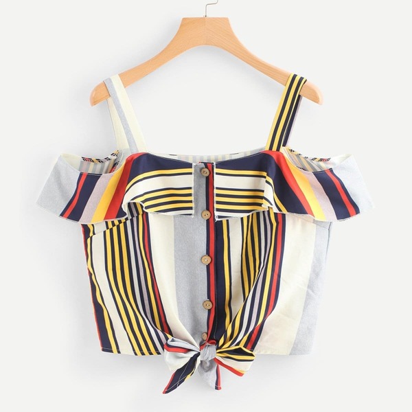 

Open Shoulder Knot Hem Striped Top