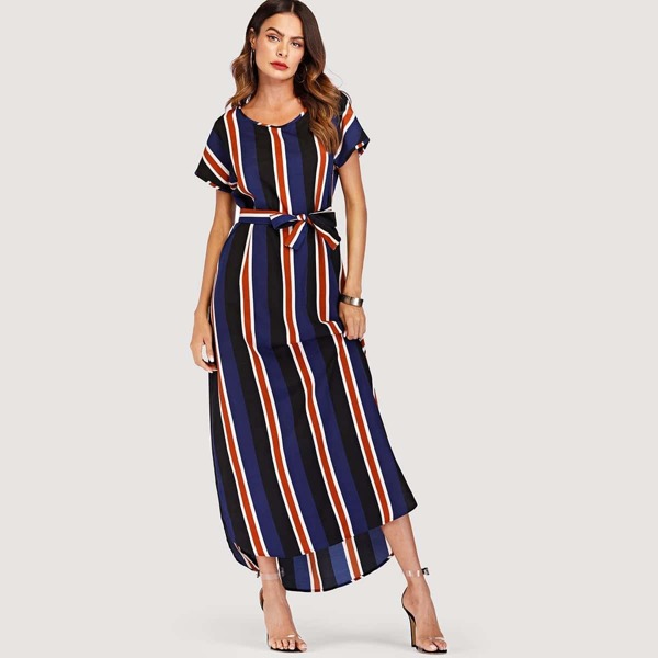 

Tie Waist Striped Curved Hem Dress