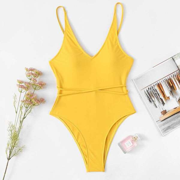 

Self Tie Back High Leg One Piece Swimwear, Bright mustard yellow