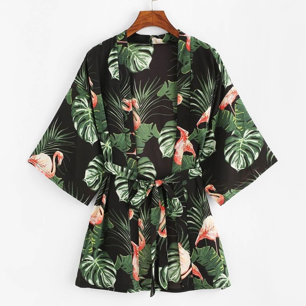 

Flamingo Print Self Tie Waist Kimono