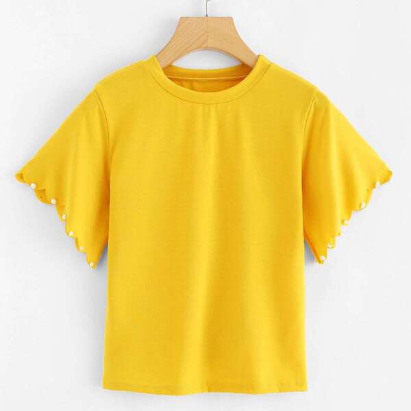 

Pearl Beaded Scallop Sleeve Tee, Yellow