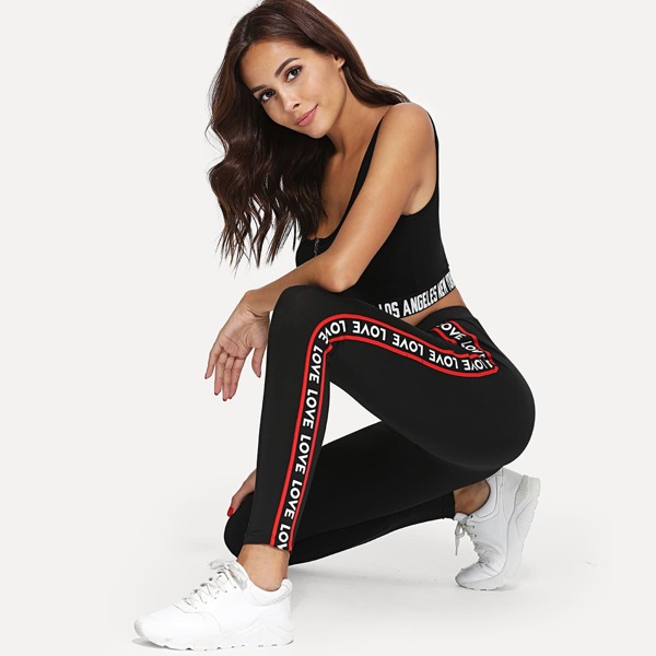

Stripe & Letter Print Side Leggings