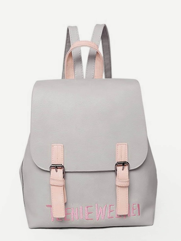 

Double Buckle Letter Embroidered Backpack, Grey
