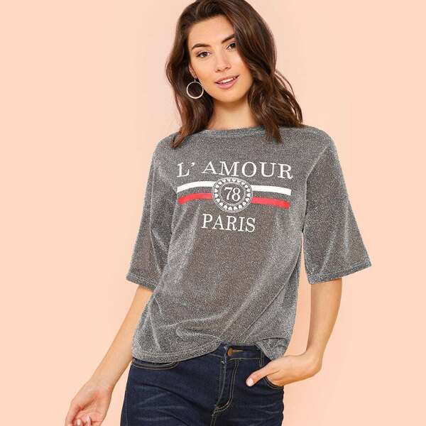 

Letter & Striped Print Glitter Tee