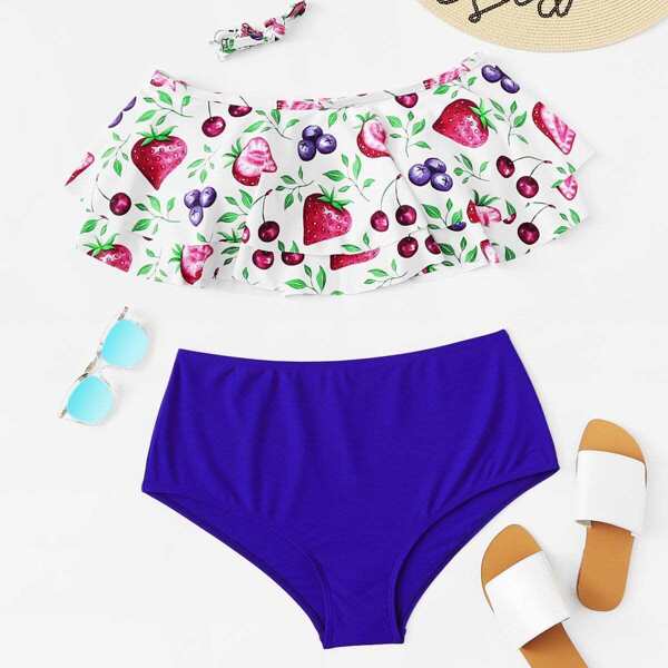 

Plus Fruit Flounce Top With High Waist Bikini Set