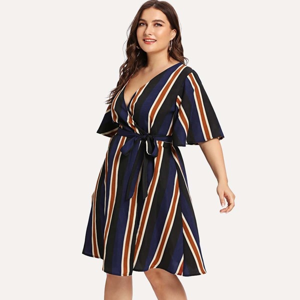 Plus Block-Striped Angel Sleeve Wrap Dress