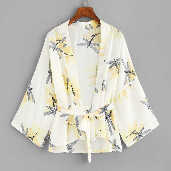 

Self Tie Waist Printed Kimono, Yellow