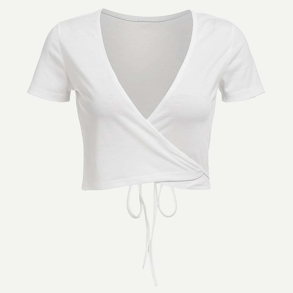 

Self-Tie Cropped Wrap Top, White