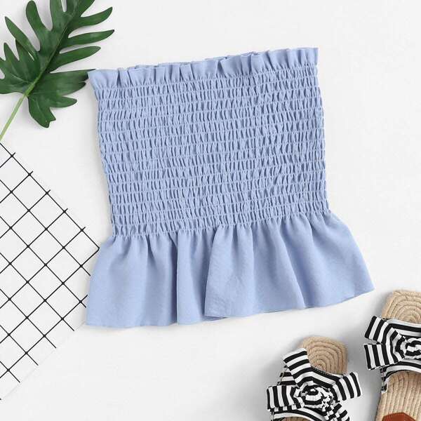 

Ruffle Trim Pleated Tube Top, Blue