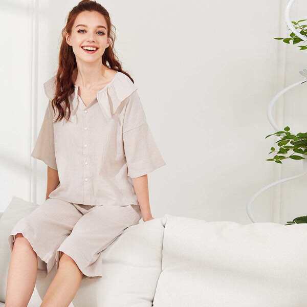 

Solid Color Ruffle Pajama Set, Pink
