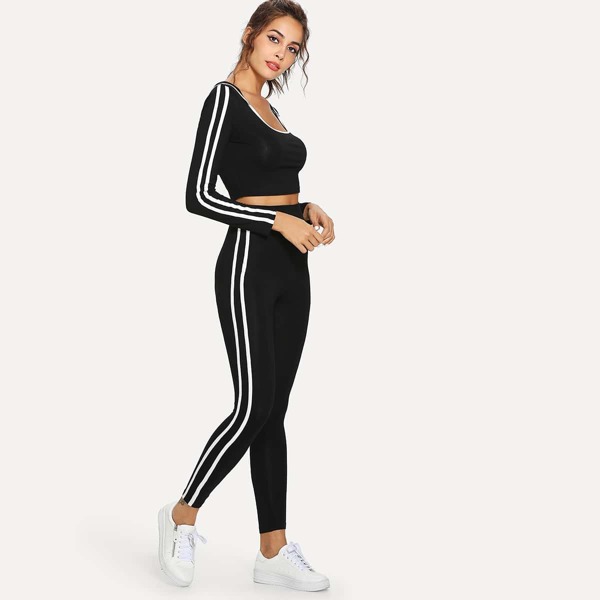 

Contrast Striped Side Crop Hooded Top and Leggings Set
