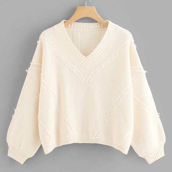 

Frayed Detail Ribbed Back Lantern Sleeve Jumper