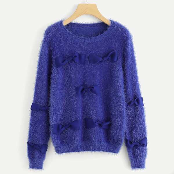 

Bow Embellished Fluffy Sweater, Blue