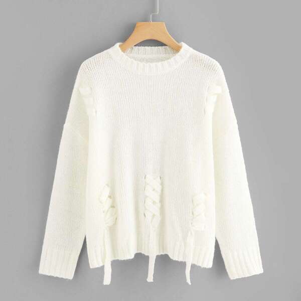 

Dropped Shoulder Solid Lace Up Jumper