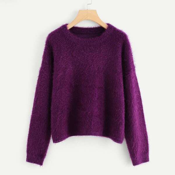 

Drop Shoulder Solid Fuzzy Sweater