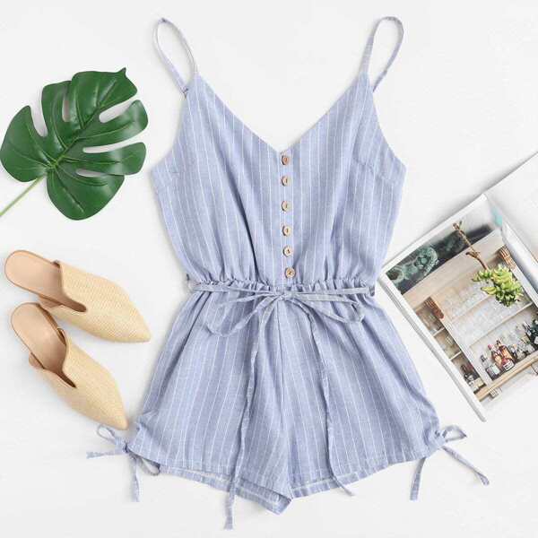 

Button Detail Knot Striped Cami Romper, Blue