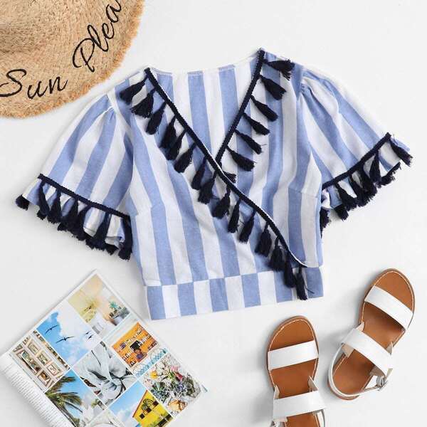 

Fringe Trim Striped Wrap Blouse