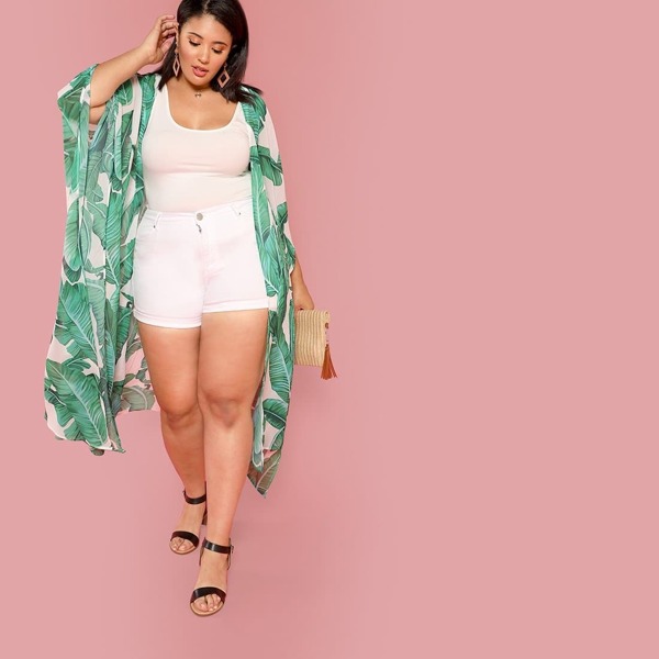 

Plus Palm Leaf Print Poncho Sleeve Kimono, Multicolor