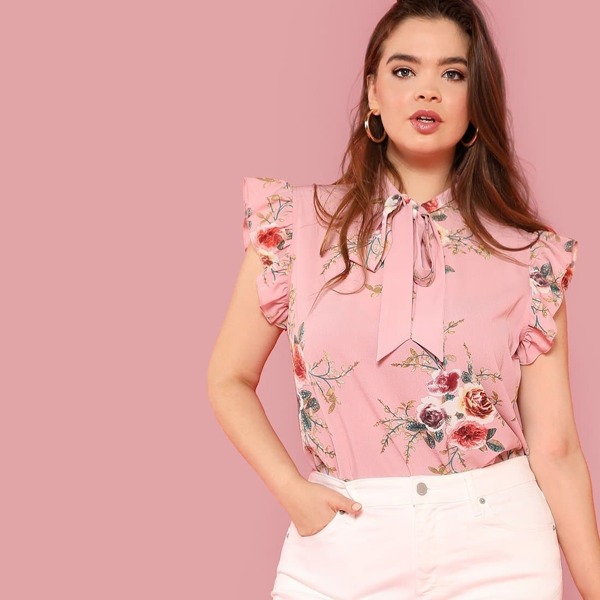 

Plus Tie Neck Floral Ruffle Blouse