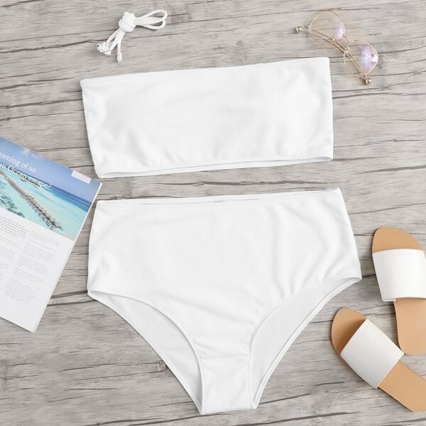 

Plus Ribbed Bandeau With High Waist Bikini Set, White