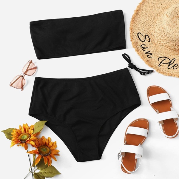 

Plus Ribbed Bandeau With High Waist Bikini Set, Black