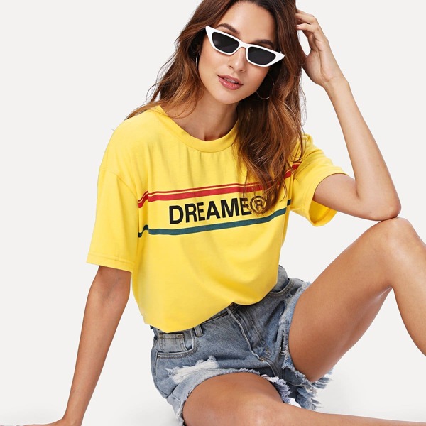 

Letter And Striped Print Tee, Yellow