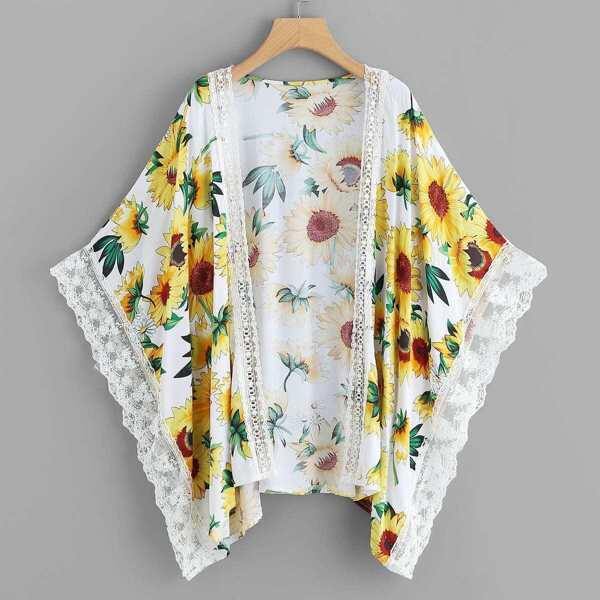 

Contrast Lace Trim Sunflower Print Kimono