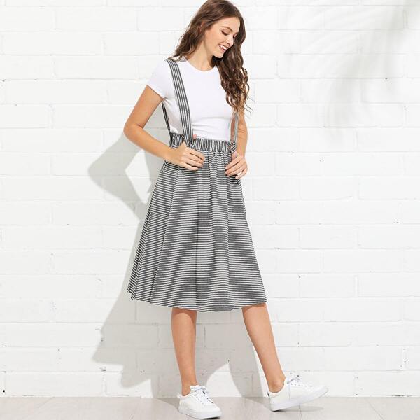 

Striped Dual Pocket Side Skirt with Strap, Black and white