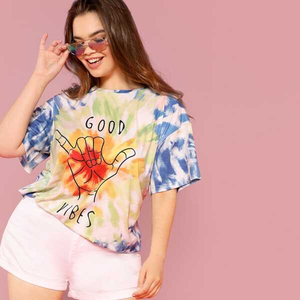 

Plus Hand & Slogan Graphic Tie Dye Tee, Multicolor