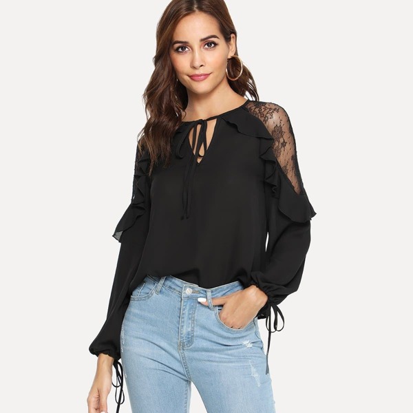 Tie Neck Lace Mesh Raglan Sleeve Ruffle Top, Black